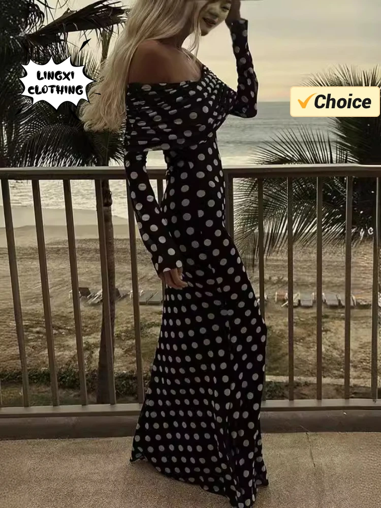 2024 Summer Fashion Vacation Style Fashion Party Women\'s Long Elegant One Shoulder Wave Dot Slim Fit Sexy Long Dress