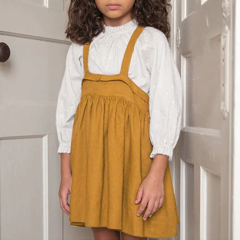 Spring Summer Cotton Linen Girl Dress Retro Solid Color Sweet Cute Cross Buckle Strap Dresses College Style Children's Clothing