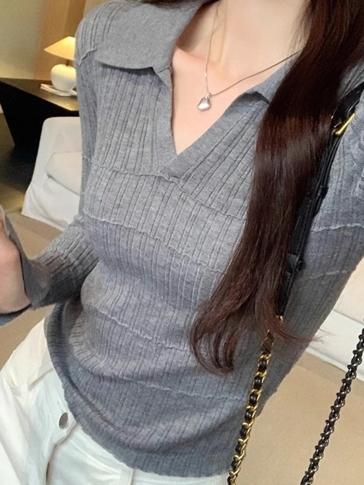 

2025 базовый шикарный осенне-зимний пуловер с v-образным вырезом, женский вязаный свитер в рубчик, тонкий женский корейский модный свитер с длинными рукавами, топы