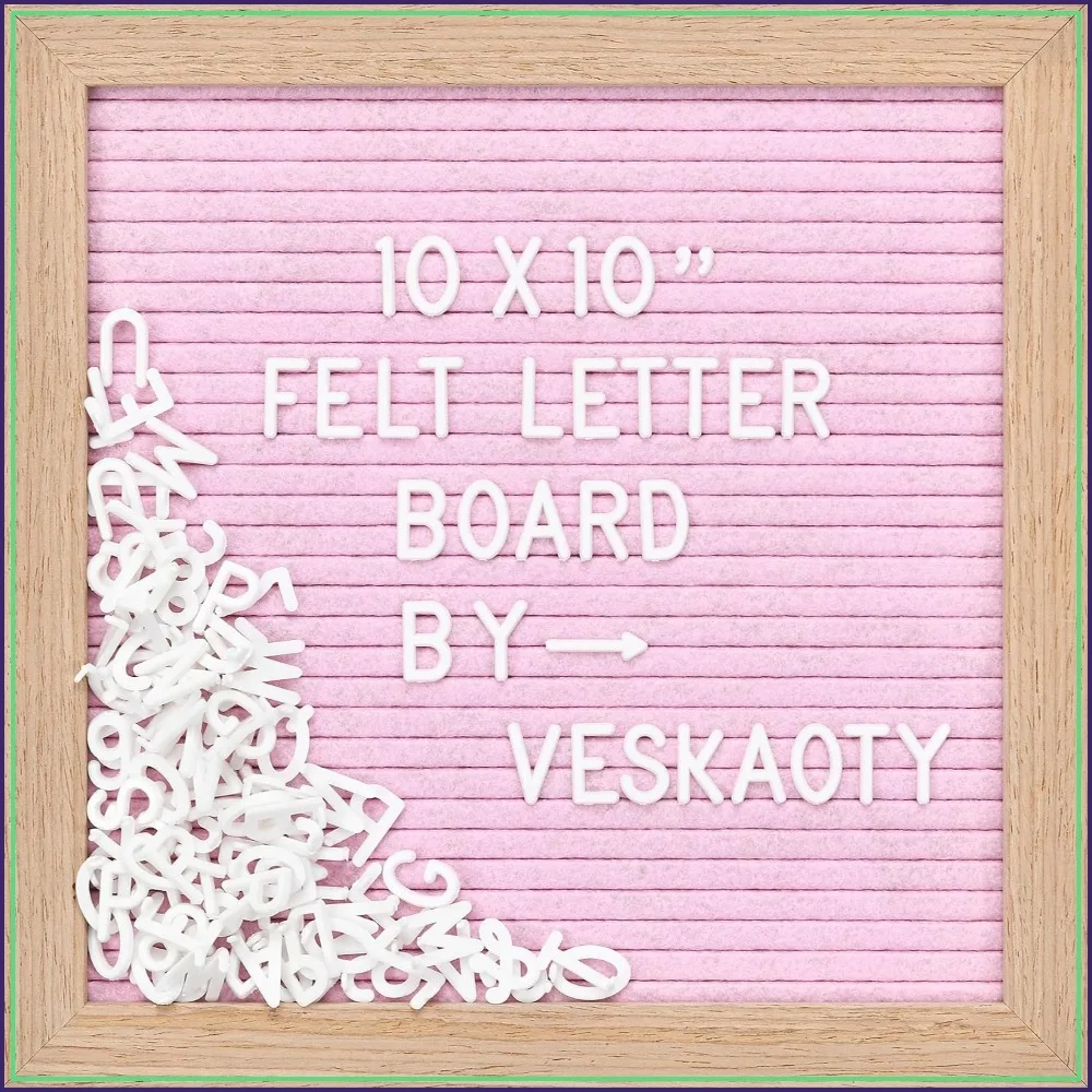 Felt Letter Board with 294 Letters, 10x10 Inch, Pink & Wood Frame, Changeable Message Board, Wall Mount, Classroom Decor, Office Supplies