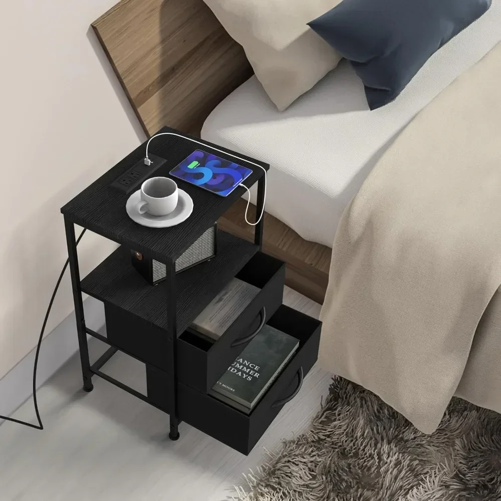 Nightstand with Charging Station End Table with 2Fabric Drawer Bedside Table with USB Ports and Power Outlets Modern Night Stand