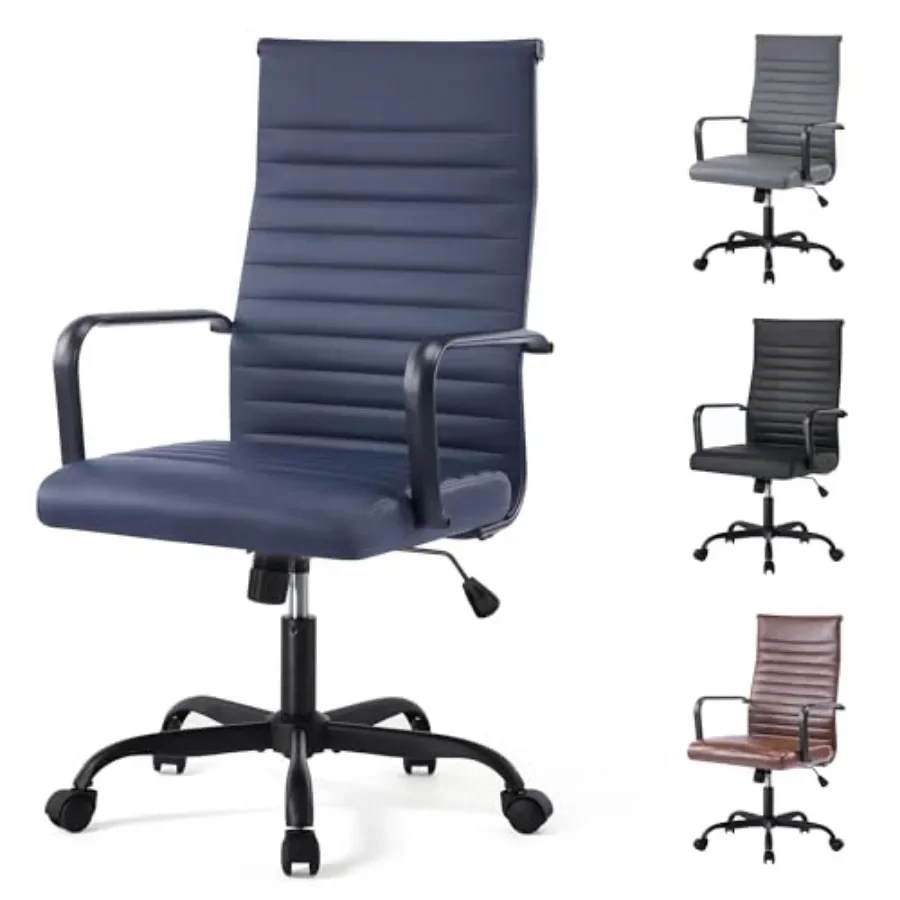 Adjustable Mid-Back Ergonomic Office Chair with Ribbed Leather Seat, Black Swivel Design with Smooth-Rolling Casters for Home O