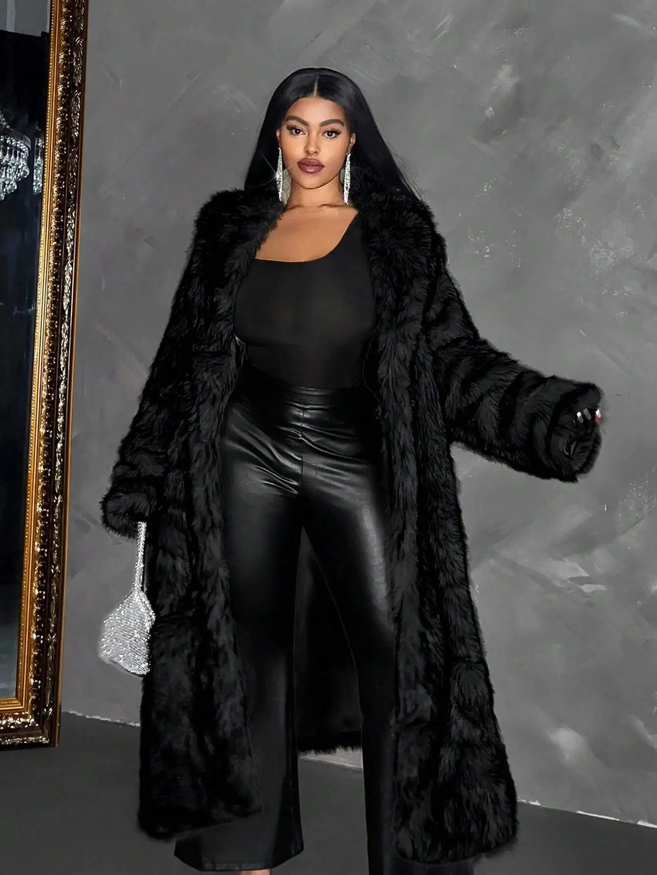 

Women Extra Long Fluffy Faux Fur Coat For Winter Autumn Solid Color