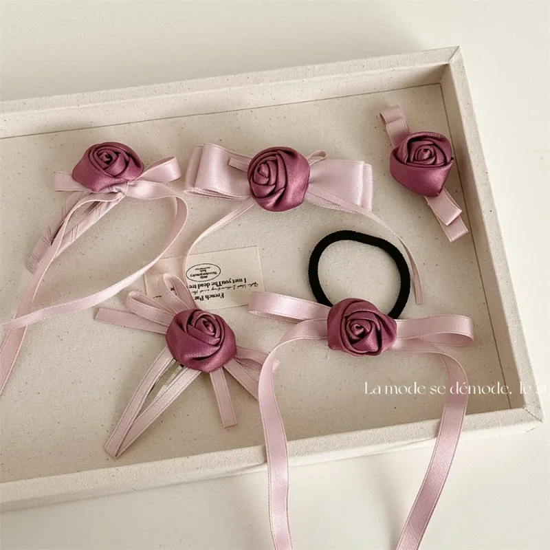 Pink Rose Bow Hairpin Female Side Headdress Forehead Duckbill Clip Hair Clip High-Grade Side Clip Hair Accessories