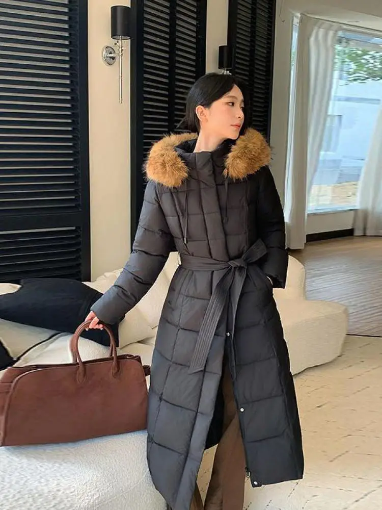 韓国の冬のファッション新しい固体毛皮のようなフード付きロングダウンコットンコート女性厚いパーカーカジュアルルーズシングルブレストオーバーコートシック