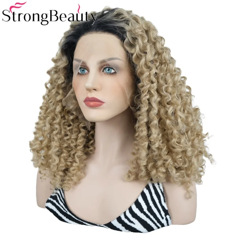 

StrongBeauty Synthetic Curly Lace Front Wig Ombre Golden Kinky Wigs Heat Ok