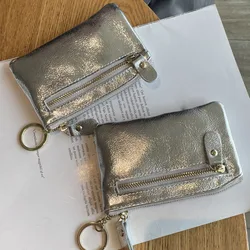 Mini Coin Purse Portable Key Card Holder Coin Bag Pouch with Keychain New Silver Genuine Leather Zipper Cute Wallet for Women