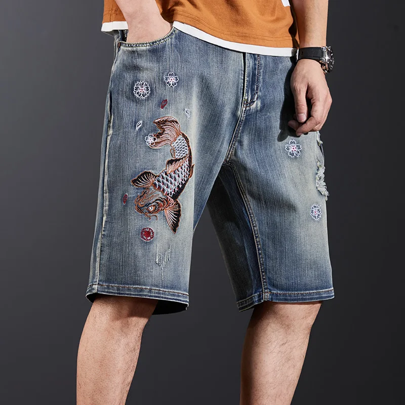 Shorts en denim brodés Koi de style chinois pour hommes, déchirés, rétro de rue, mode décontractée, personnalité, grande taille