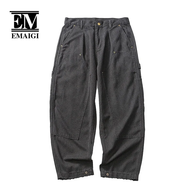 

Men Canvas Double Knee Splice Loose Casual Vintage Wide Leg Pants Cityboy Japan Streetwear Cargo Trousers Male Baggy Pants