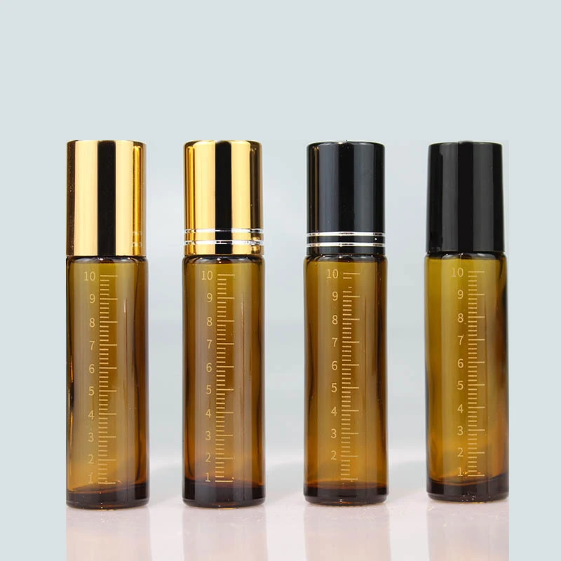 10ml Amber Glass Roller Bottle Scaled Essential Oil Roll on Bottle Sample Test Essential Oil Vials with Stainless Steel Roller