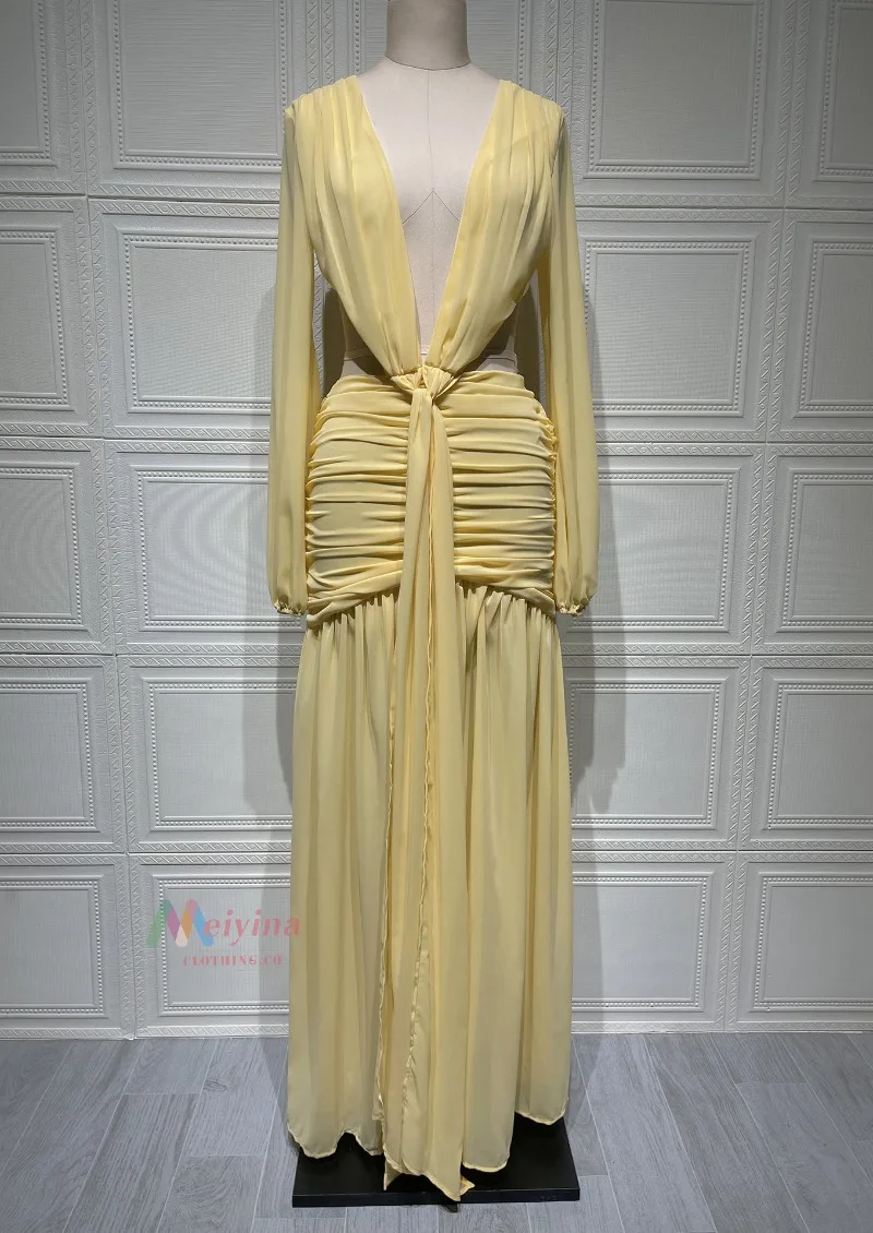 Neue Herbst Plissee Lose Backless frauen Kleid Sexy Unregelmäßige Solide Tiefem V-ausschnitt Langes Kleid Elegante Langarm Hohl Prom Kleid