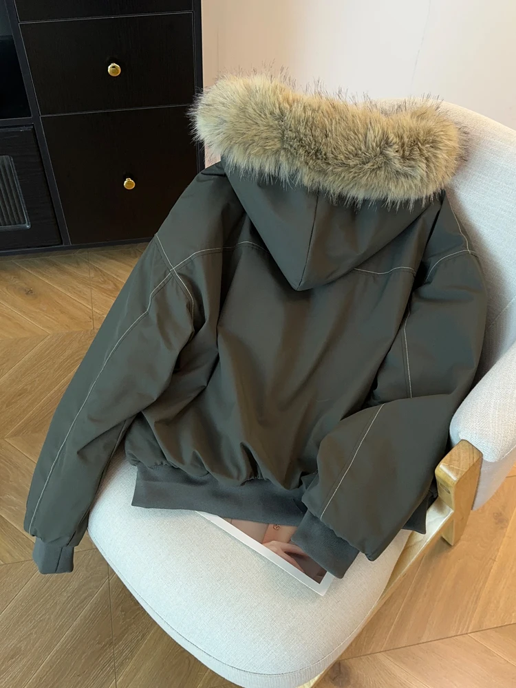 Amerikaanse retro katoenen damesjas met korte capuchon, mode, grote bontkraag, verdikte jas, paar stijl, warme fleece parka