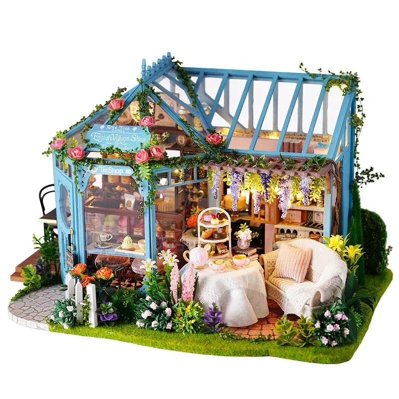 Kit de casa de bonecas de madeira artesanal modelo de construção flor jardim 3d puzzle montagem brinquedo casa de boneca em miniatura com iluminação de móveis