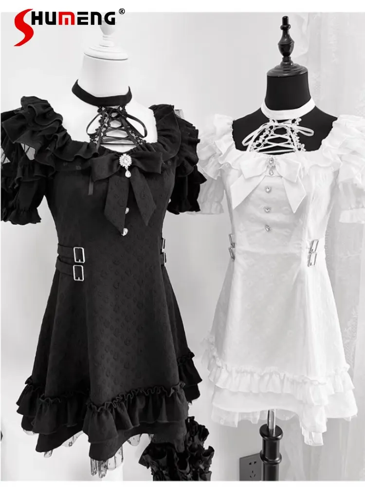 

Japanese Mines Style Subculture Halter Square Collar Bow Puff Sleeve Lace Splicing High Waist Slim Fit A-line Short Dress Women