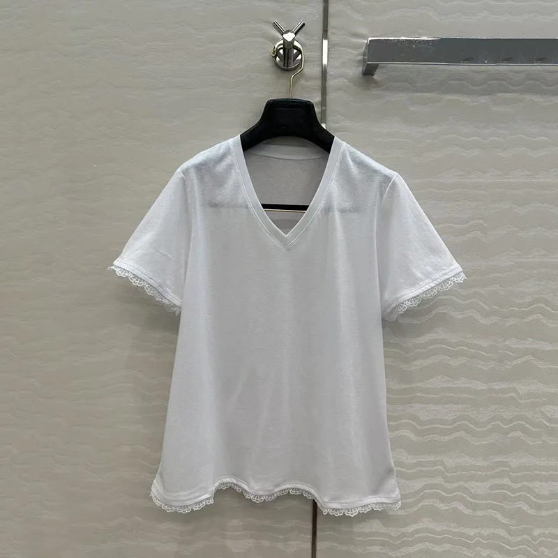 

Women's Lace-Trimmed V-Neck Short-Sleeve T-Shirt, Casual and Versatile Top for Work, High-Quality Pullover, 2026, New Arrival,
