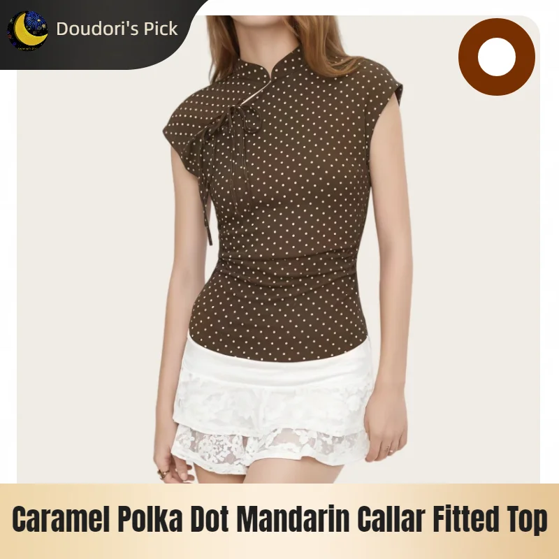 French Retro Style Caramel Brown Fine Polka Dot Chinese-Style Stand Collar with Bow Tie, Cap Sleeves, and Waist Pleat Design Slim-Fit Top