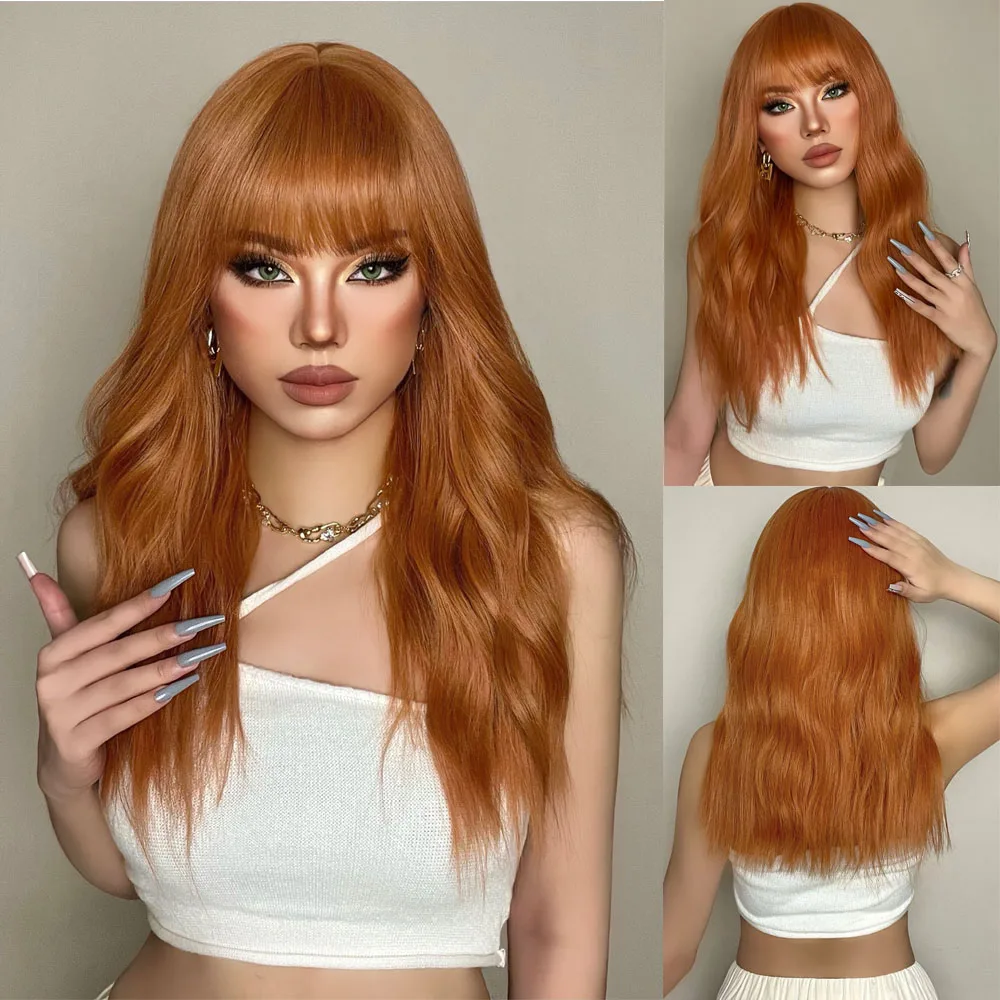 HENRY MARGU Ginger Orange Synthetic Wigs with Bangs Long Natural Wave Heat Resistant Wigs for Women Daily Party Cosplay Hair