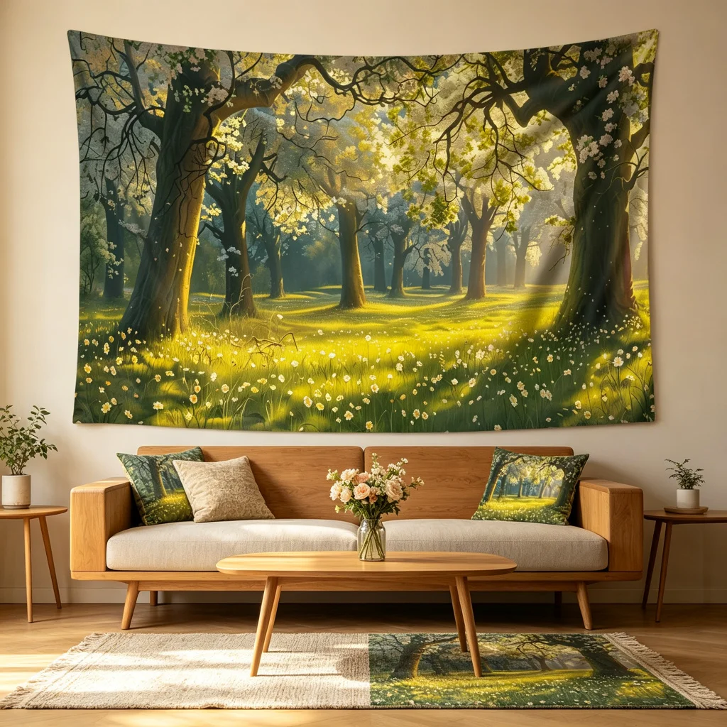 1PC Golden Sunlight Forest Flower Print Backdrop Banner, Bedroom Living Room Photo Background, Polyester, Home Decor, Wall Art