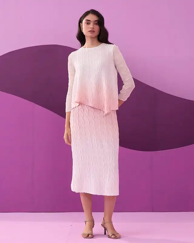 

Women's Pleated 2 Piece Miyake Gradient Color Long Sleeve Cool Feeling Set Loose Lightweight Top + Fashion Half Skirt Set 2025