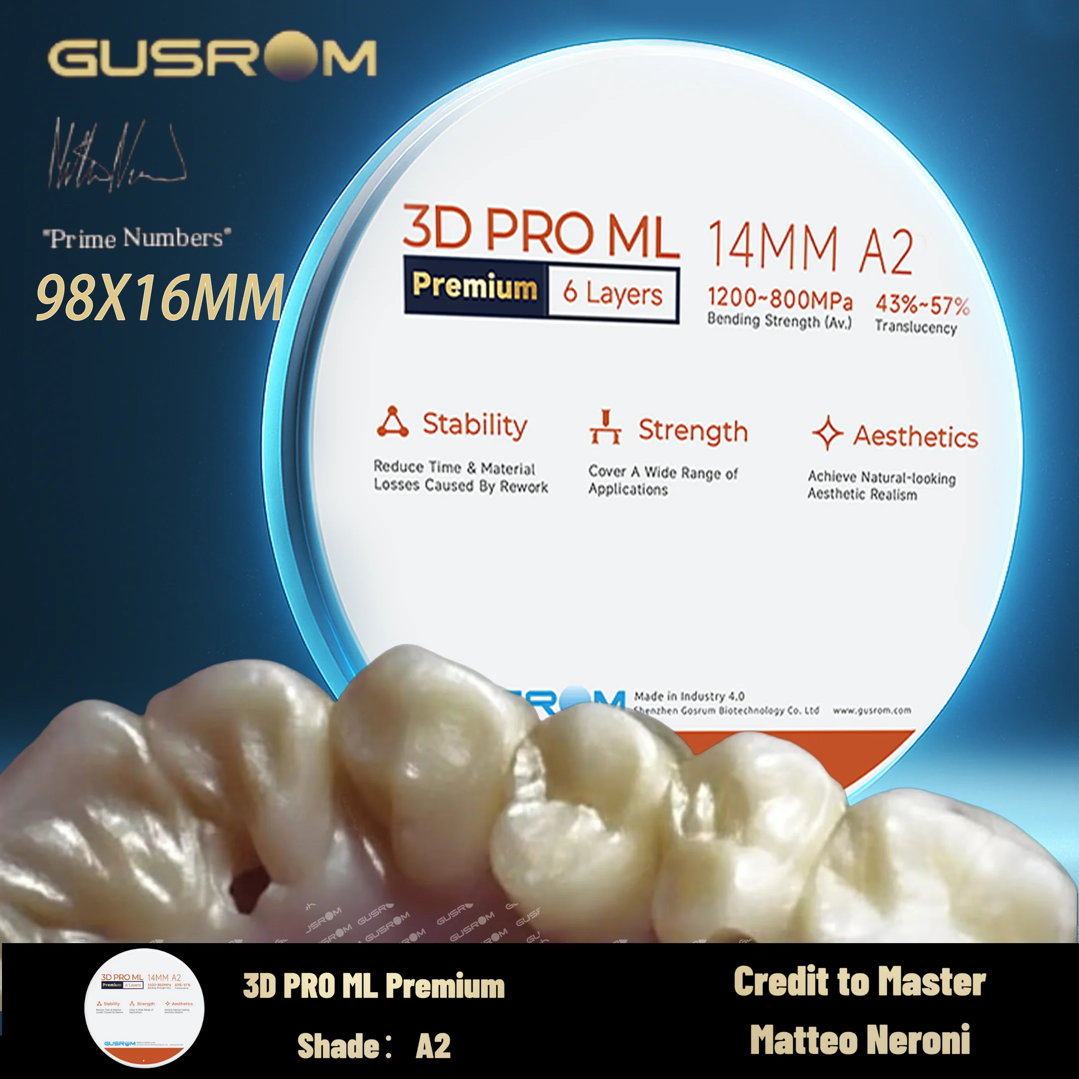 

GUSROM 3D PRO ML Premium Multilayer Zirconia Block 98x16mm Dental Lab Zirconia Disc for CAD/CAM Crown Bridge Veneer Restoration