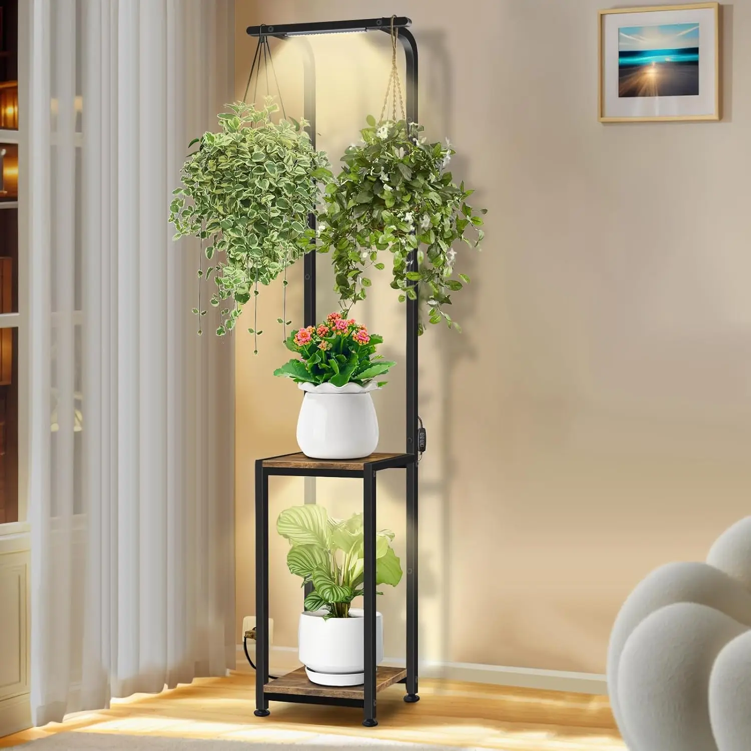 

65'' Tall Indoor Plant Stand with Grow Lights, Hanging Shelves for Living Room, Bedroom, Balcony