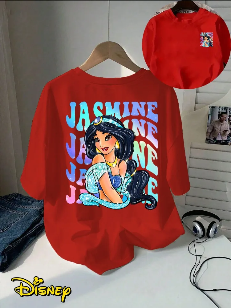 Women Fashion Disney Aladdin Jasmine Floral Print T-Shirt Cute Bear Pattern Casual Crew Neck Short Sleeve Comfortable Cotton Top