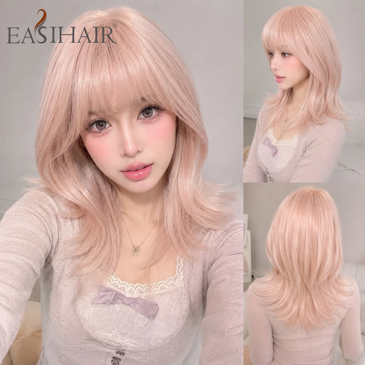 Easihair Light Pink Blonde Medium Length Wavy Wig With Bangs Heat Resistant Synthetic Hair Sweet Lolita Style Wigs for Women