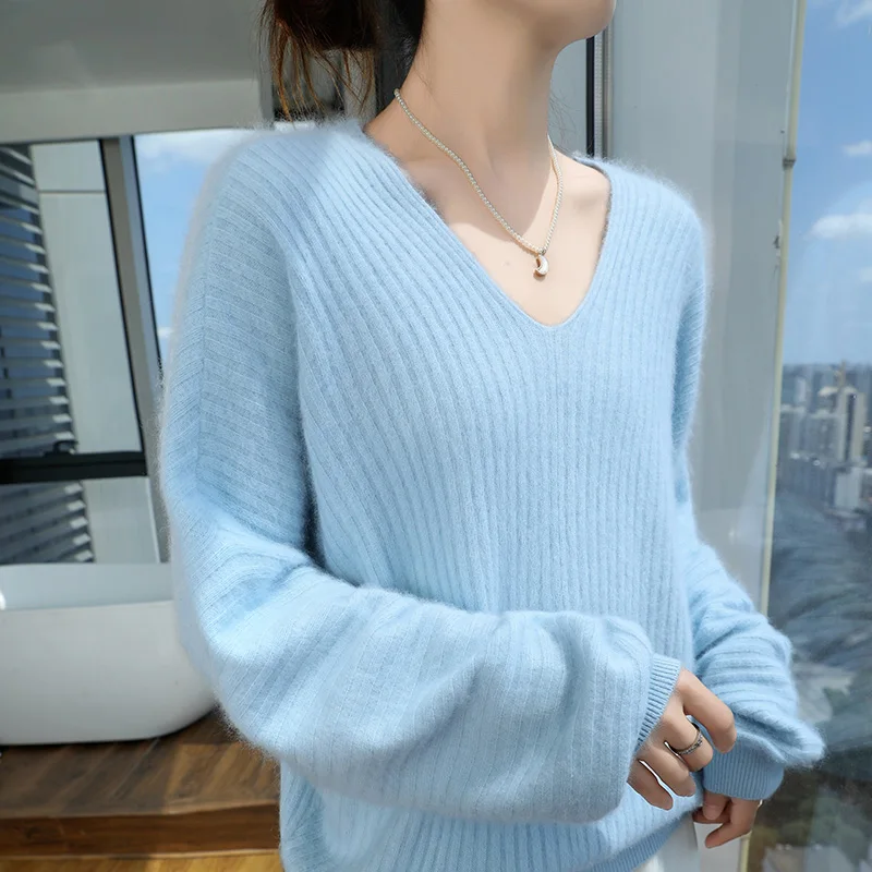 Ladies Big V-Neck Pullover Autumn and Winter New Slat Fashion Mink Cashmere Sweater Women Korean Version Loose Knit Long Sleeve