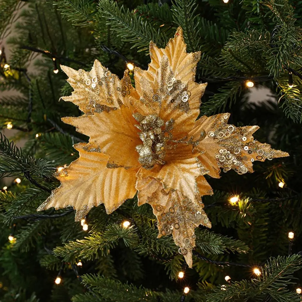 Flower Head Artificial Christmas Flowers Shiny Handmade Simulated Sequined Flower DIY Xmas Tree Ornaments Party Supplies - Image 4