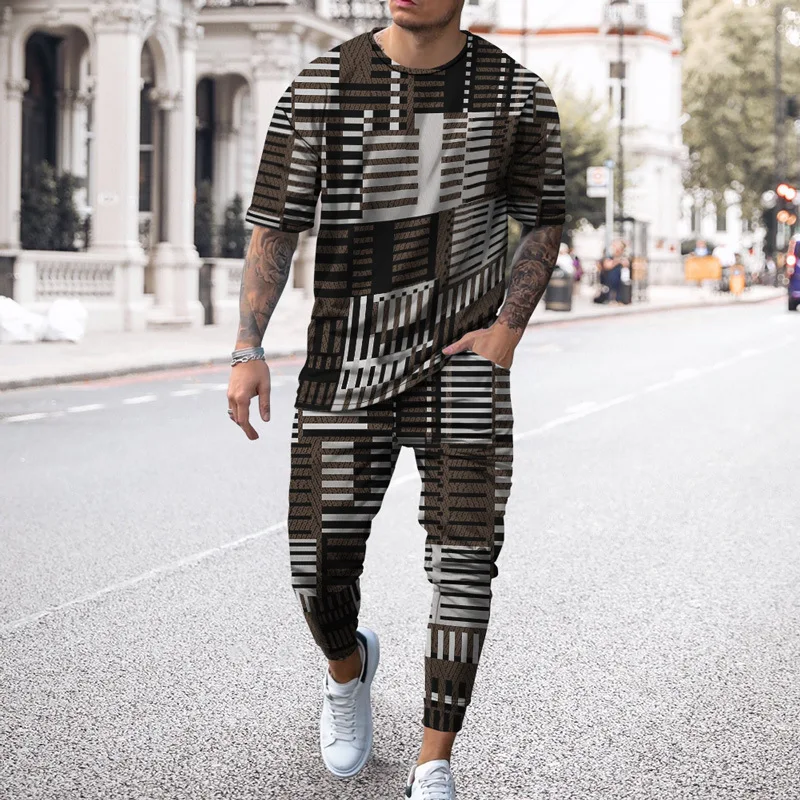 

Новинка 2025 года, хит продаж, летняя мужская модная тенденция, повседневная уличная одежда, популярный тонкий брючный костюм с короткими рукавами и простым принтом