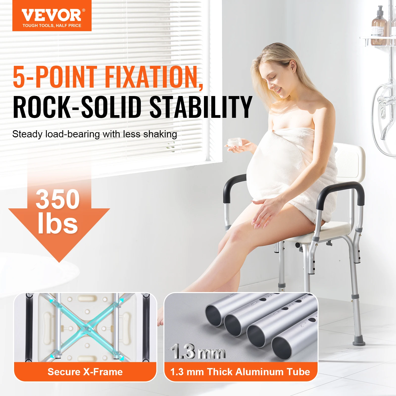 VEVOR Shower Chair with Back Adjustable Height Shower tool for Inside Shower Non-slip Bath Chair for Elderly Disabled Handicap