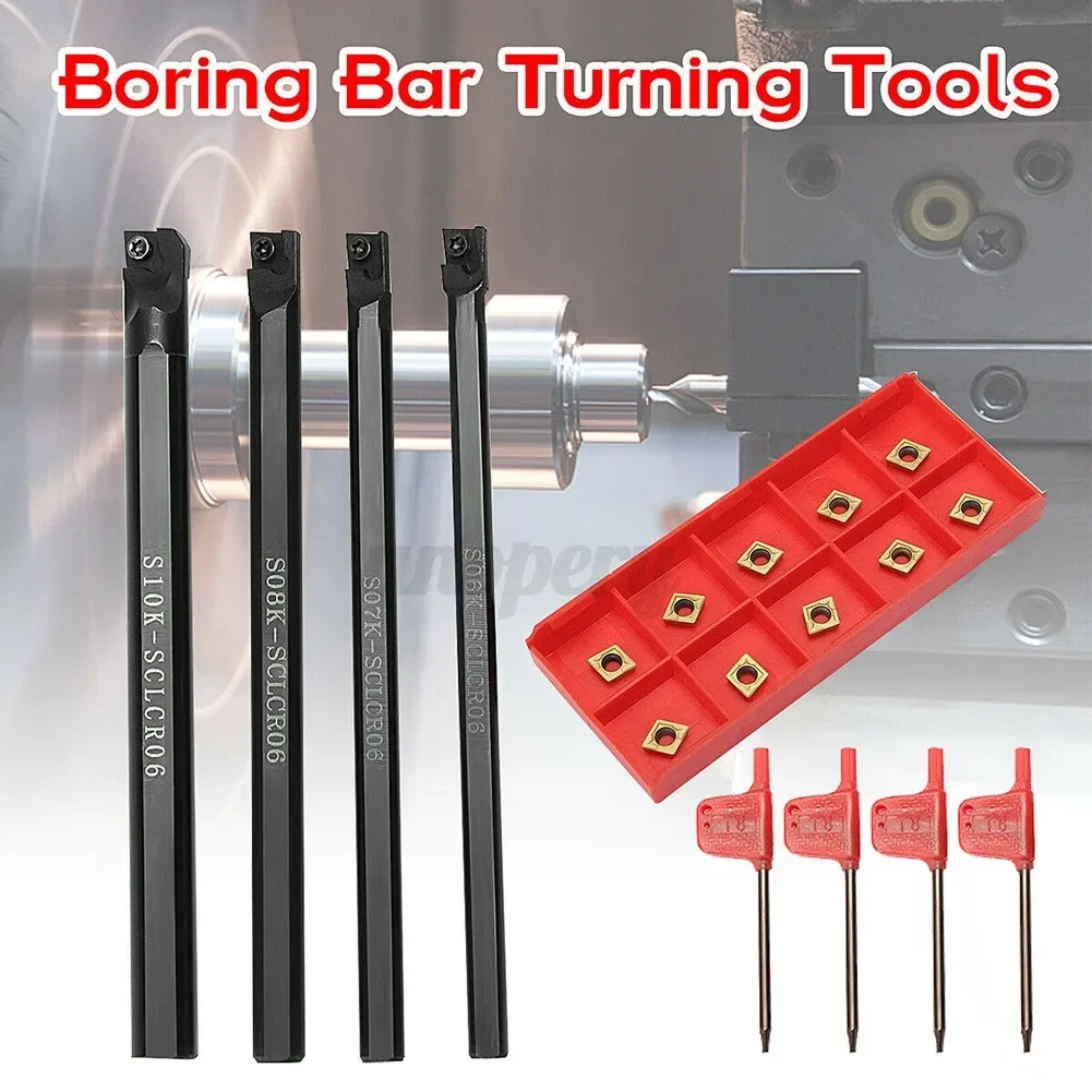 Turning Tool Holder SCLCR06 Carbide Insert Lathe Boring Bar & 10x CCMT060204-HM Insert S06K S07K S08K S10K Boring Bar &T8 Wrench