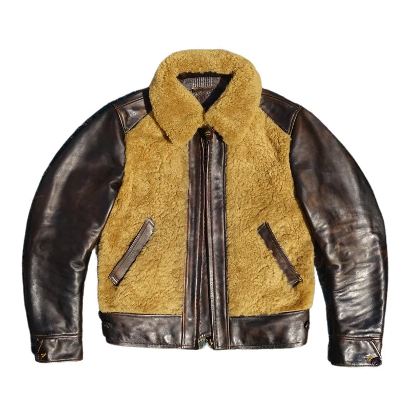 Brown Yellow Winter Leather Jacket Men Vintage Style Plus Size 4XL Genuine Natural Sheepskin and Horsehide Spliced Coat