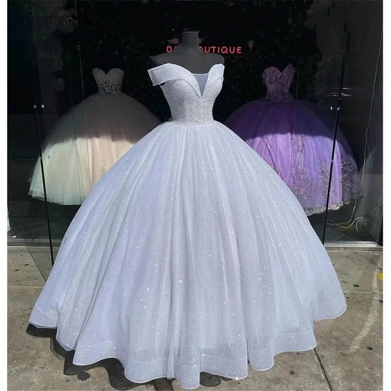 

Glittering White Off-Shoulder Quinceanera Dresses Vestidos De 15 Anos Sparkly Beading Formal Birthday Princess Party Ball Gown