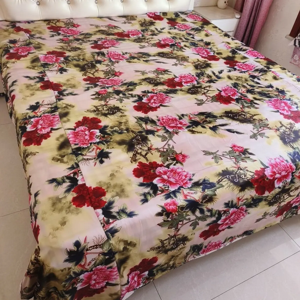 

No Pillow Cover Glossy floral print summer satin silk sheet Double side Ice cool bedspread home bedding