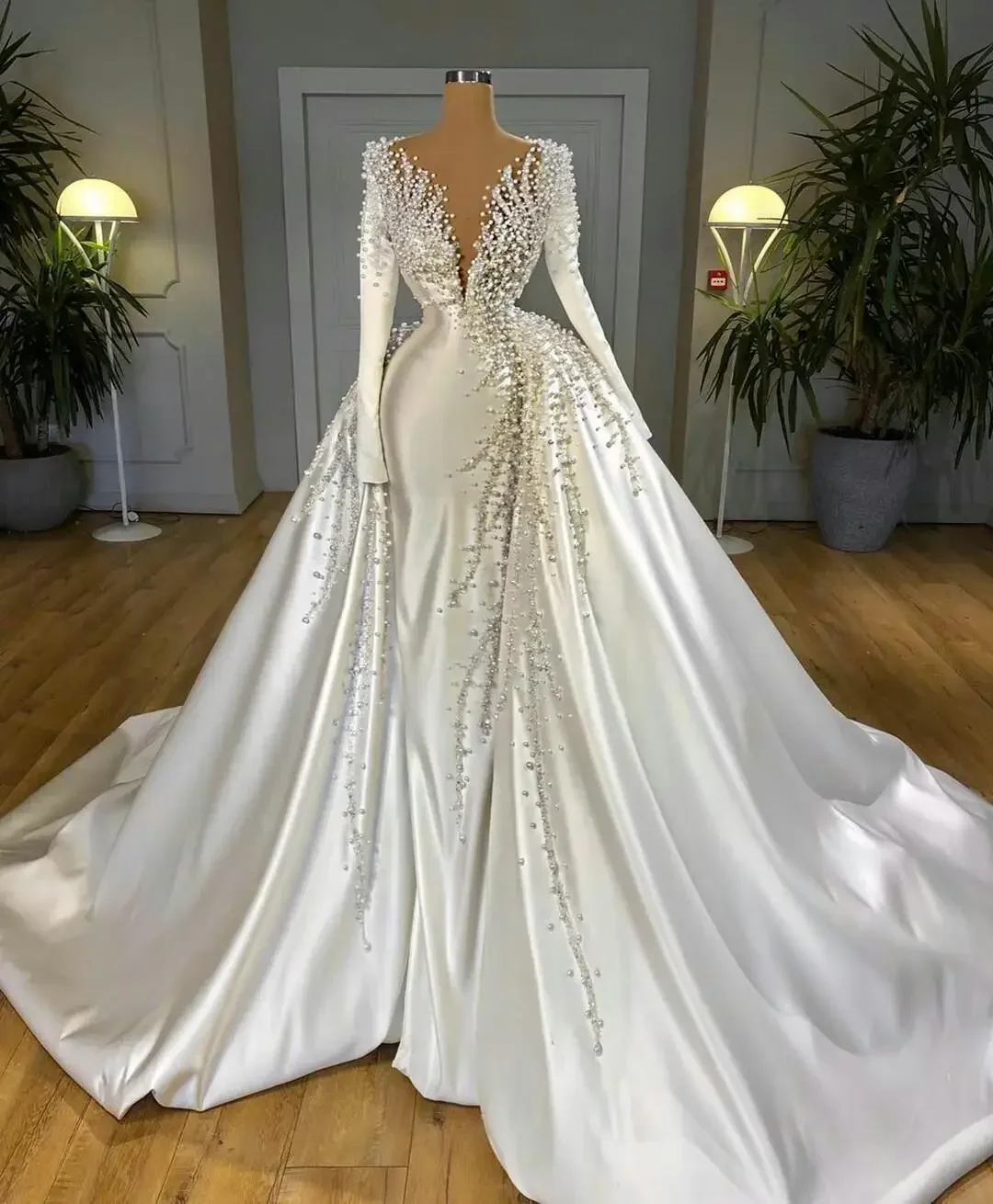 Vestidos de casamento lindos personalizados com trem destacável cetim pérolas contas sereia vestidos de noiva manga longa vestido de casamento