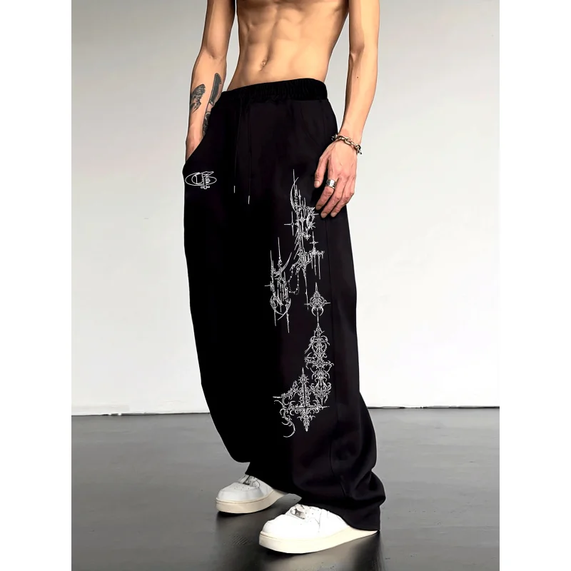 

Men'S Casual Sports Trousers，Thorny Cross Patterned Printed Sweatpants，Drawstring Loose Wide-Leg Pants，Suitable For Leisure In