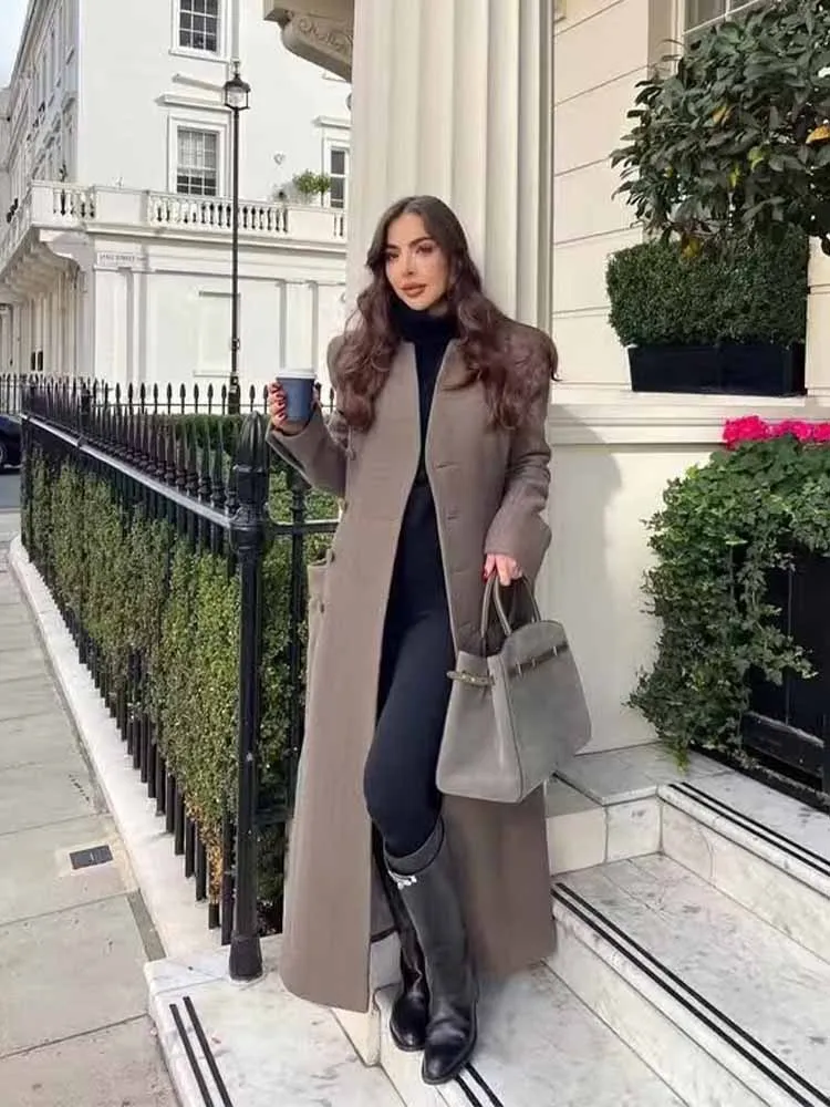 HH femme hiver mode col montant une rangée de boutons latéraux serrer la taille épaulettes déplacements décontracté Long pardessus