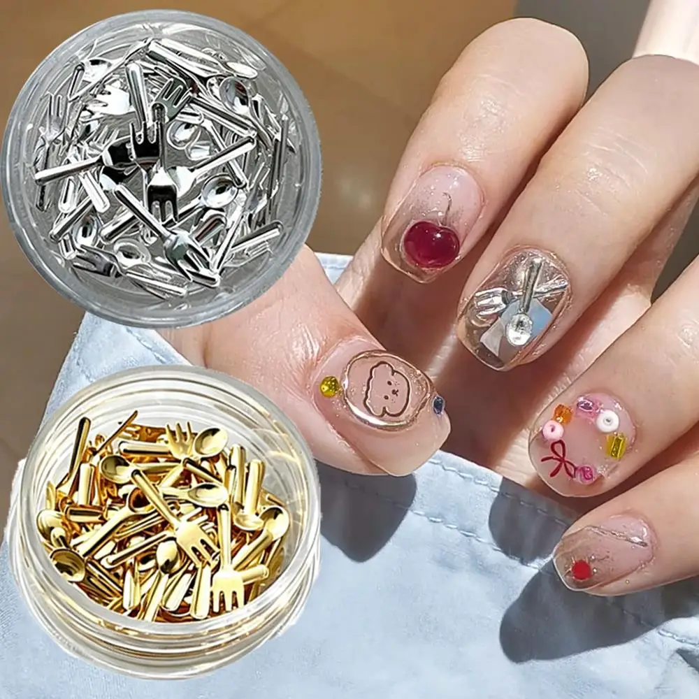 50/100Pcs 3D Mini Fork Spoon Nail Charms Gold Silver Alloy Tableware Series Nails Art Decoration Korean Style Manicure Accessory