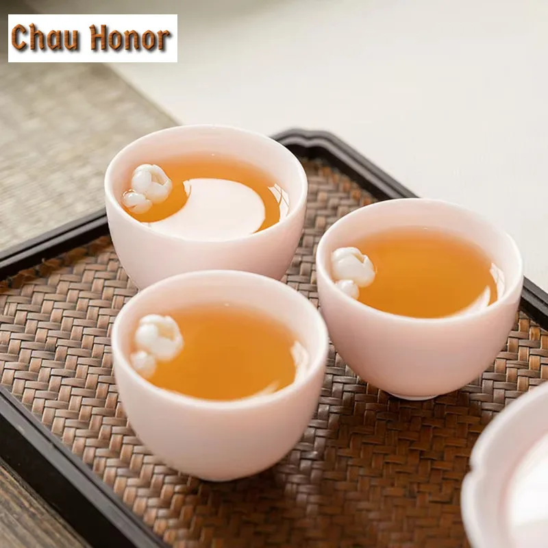 2pc/lot Kneading Flower Mutton Fat Powder Jade Teacup Aesthetic Tea Bowl Tea-tasting Fragrance Cup Master Cup Drinkware 40ml