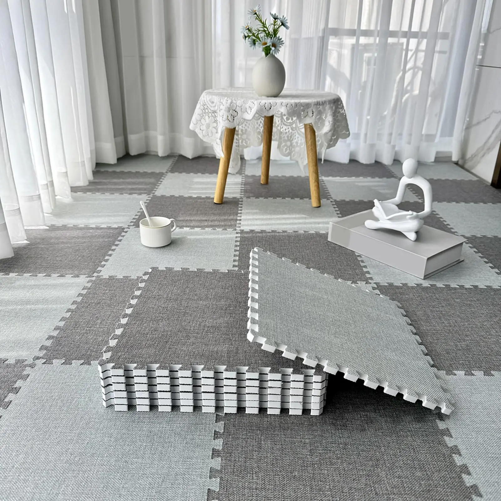 4/8/16/20pcs Thickened Inter Locking Linen Non-Slip Splicing Rugs Carpets for Living Room Bedroom Non-Slip Floor Mat for Kids