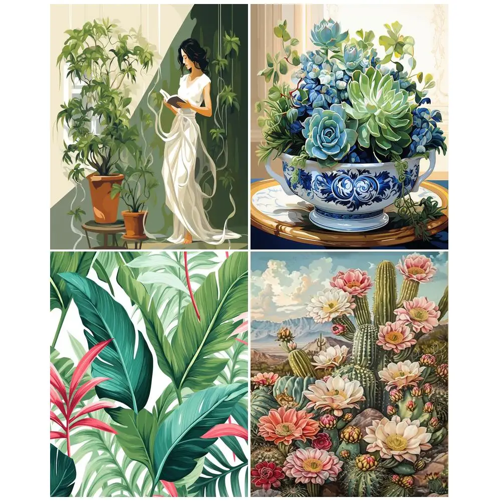 

GATYZTORY Picture By Numbers Leaf Drawing On Canvas Oil Painting By Number Cactus Flower DIY Hand Painted Home Decoration