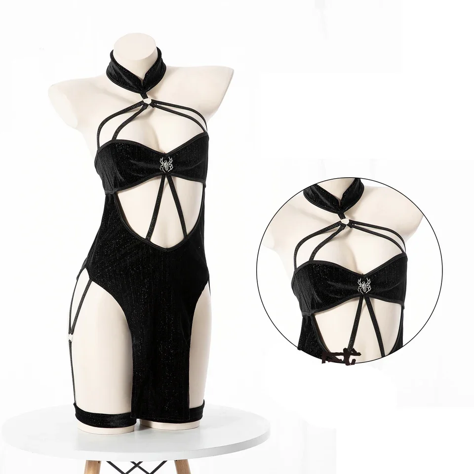 

Women Girl Sexy Cosplay Halter Straps Dress Unifrom Women Backless Hollow Cheongsam Outfits Game Costumes