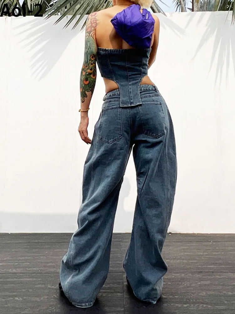 Imagem -04 - Terno Jeans de Duas Peças para Mulheres Calças Largas Colete sem Alças Estilo Americano Doce e Fresco Novo para Verão e Outono 2023