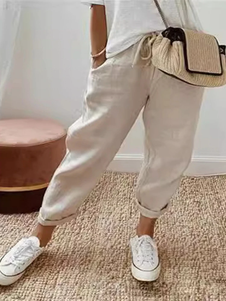 2026 Sommer Baumwoll-Leinen-Hose für Damen mit Kordelzug, hoher Taille, elastisch, lässig, atmungsaktiv, lockere Bleistifthose