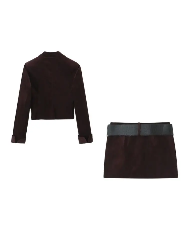 Women's Front Button Velvet Cropped Jacket Coat and Low Waist with Belt and Mini Skirt, Female Two Piece Sets, Chic Fashion