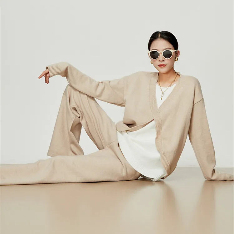 New High Quality Wool Cashmere Pant Sets Women Soft Knitted Long Sleeve Patchwork Sweater + Wide Leg Pants 2 Piece Sets Outfit