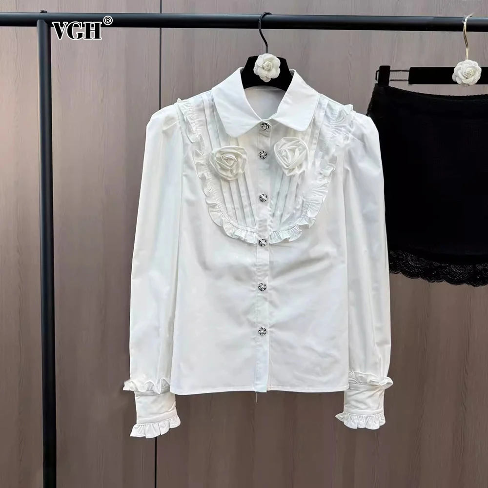 VGH Solid Casual Spliced Appliques Loose Blouse For Women Lapel Long Sleeve Patchwork Single Breasted Minimalist Shirt Female