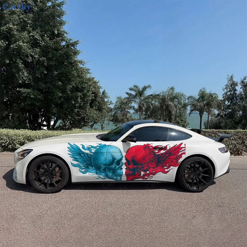 

2pcs Red And Blue Skull Car Sticker Full Body Decal Decoration Scratches Protect Car Sticker Waterproof Car Vinyl Wraps