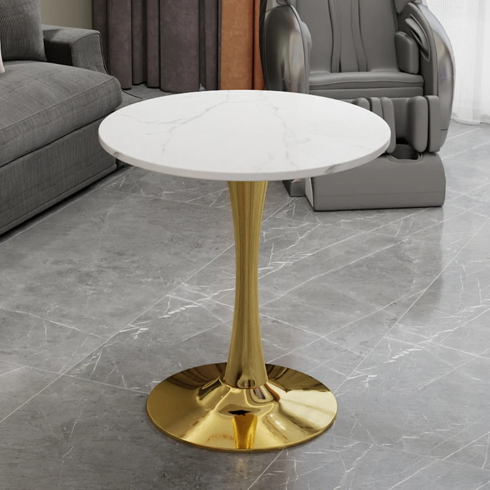 

27.6-inch Gold Mid-Century Modern Coffee/Dining Table: Round White-Veined Marble, Fits 2-4
